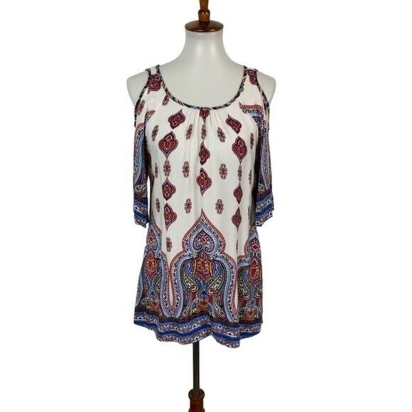 Fig And Flower Cold Shoulder Boho Tunic Top Paisley Print Multicolor Small - Picture 1 of 7